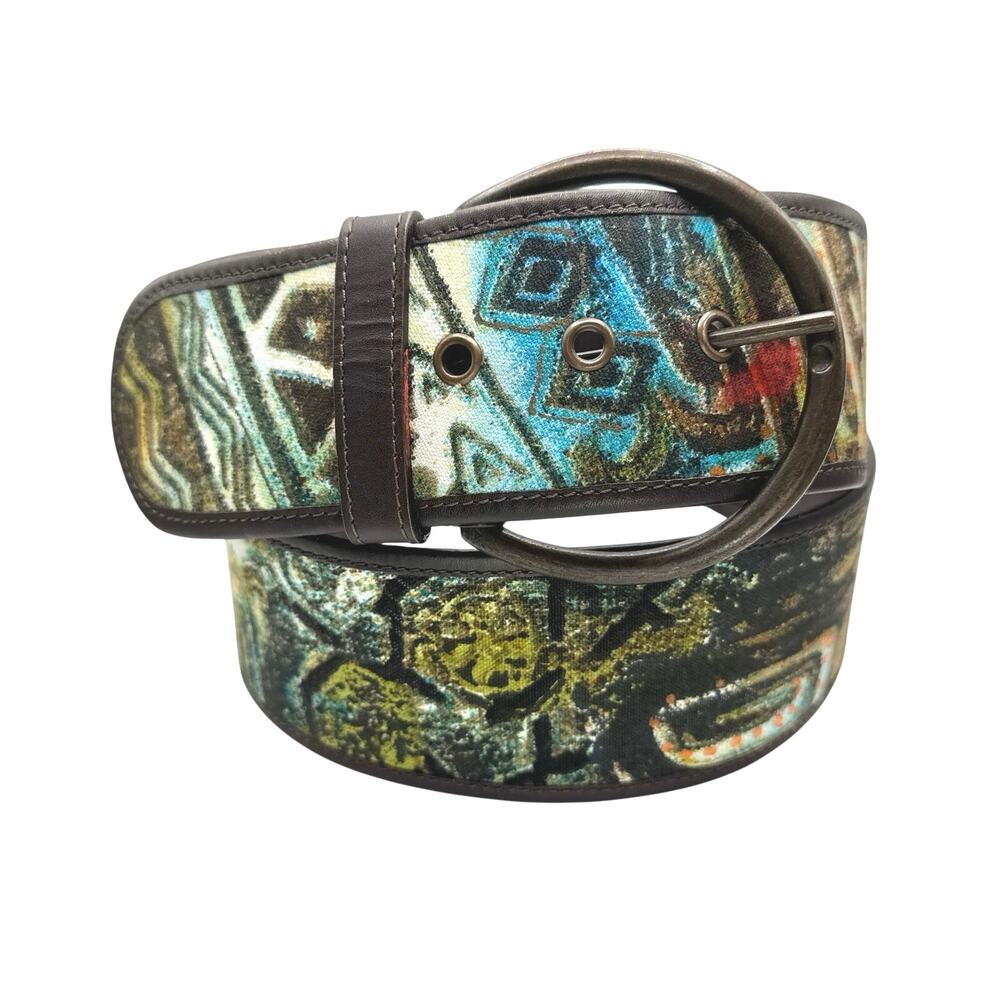 Chico’s | Women | Faux Leather Fabric Abstract Wide D-Ring Buckle Belt | Large